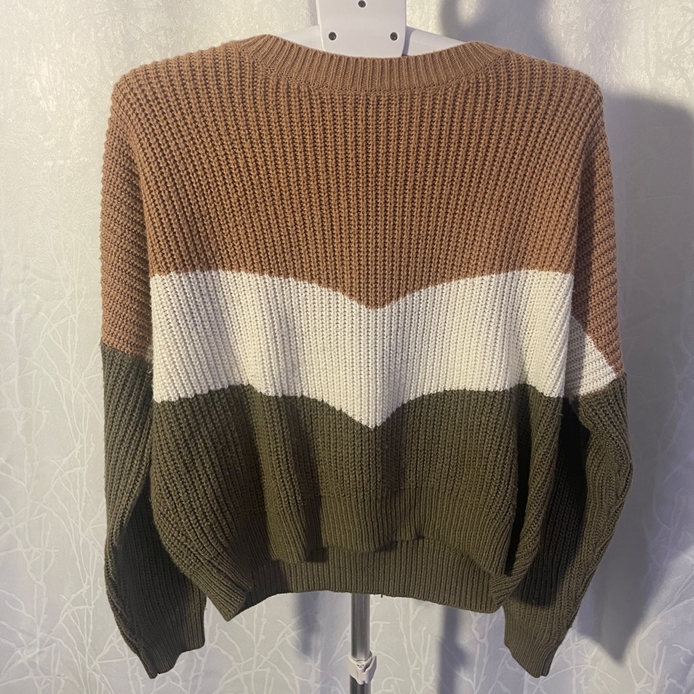Nude, White, and Green Chunky Knit Sweater